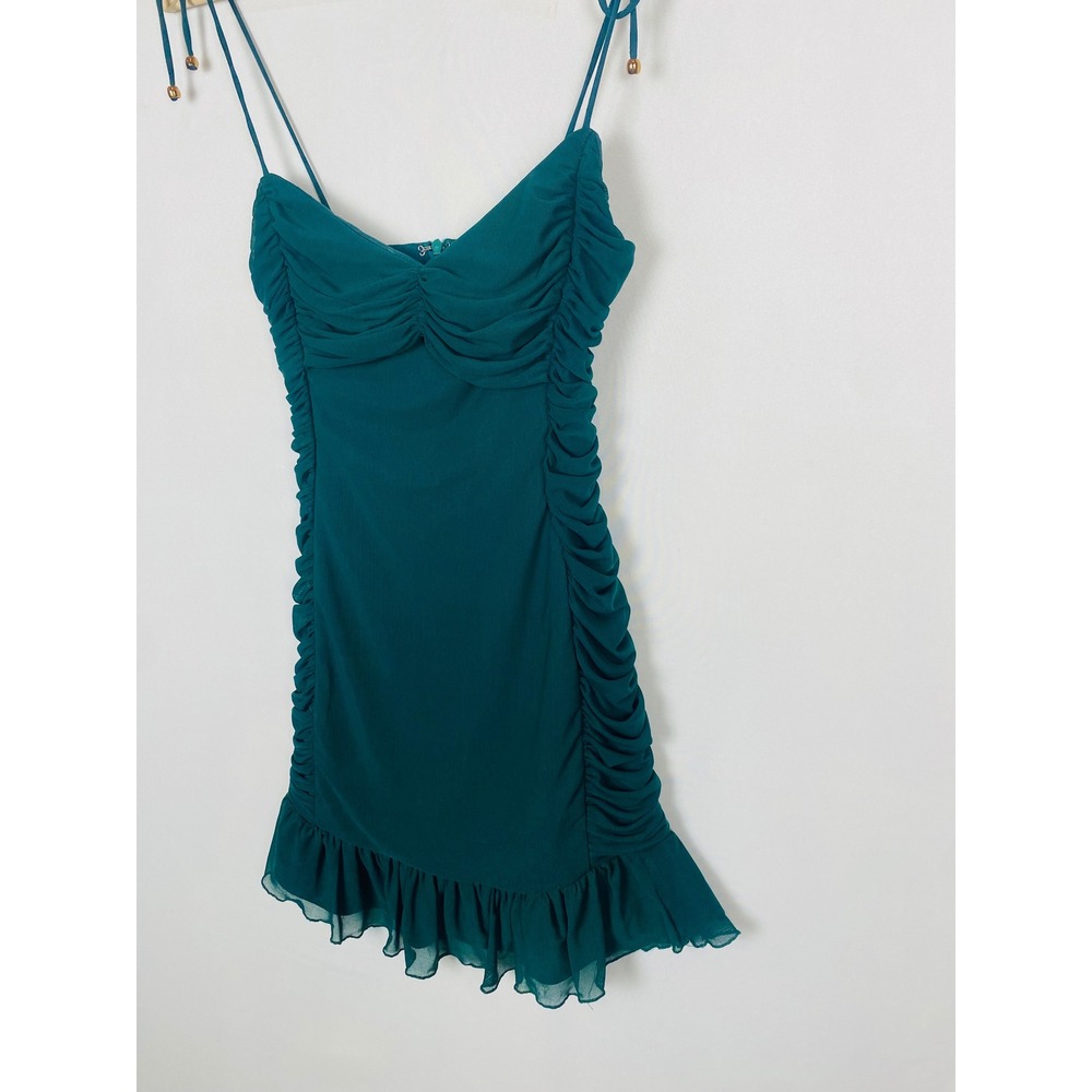 Selfie Leslie Bambi Ruched Tie Strap Ruffle Hem Mini Dress Small AUS 8 Green - Picture 5 of 8